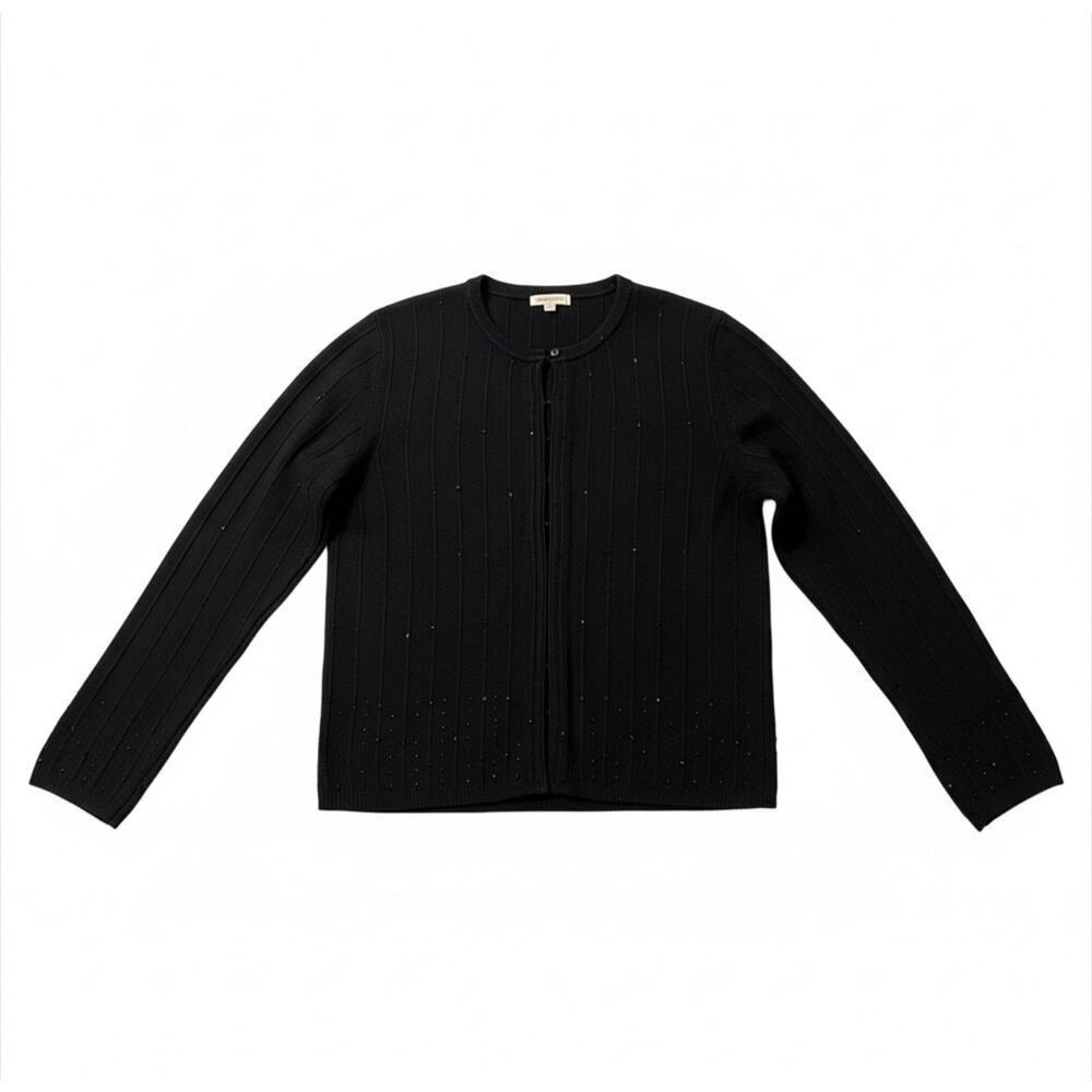 Hillard & Hanson Black Beaded Cardigan M Vintage Sweater Modest Sparkle Office